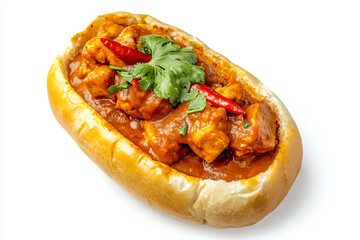 a hot dog with meat and vegetables on a bun