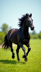 Obraz premium Black horse running with flowing mane and tail in the grassy field, outdoors, grasslands