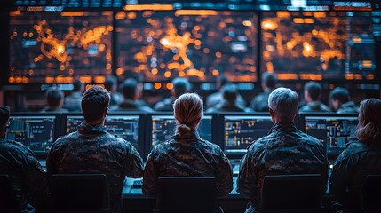Military personnel monitor digital maps in command center