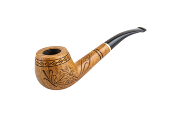 A smoking pipe with carved floral motifs on smooth polished wood. The black stem adds elegance, while craftsmanship speaks of tradition, storytelling, isolated on a transparent background