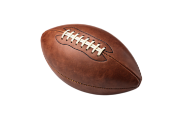A slightly brighter brown leather football with a pebbled texture and white laces. It feels game-ready, radiating tradition, isolated on a transparent background