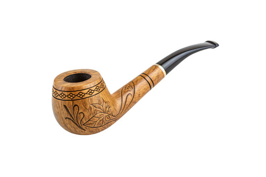 A smoking pipe with carved floral motifs on smooth polished wood. The black stem adds elegance, while craftsmanship speaks of tradition, storytelling, isolated on a transparent background