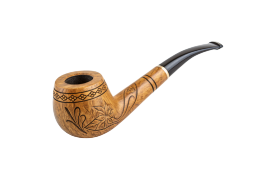 A smoking pipe with carved floral motifs on smooth polished wood. The black stem adds elegance, while craftsmanship speaks of tradition, storytelling, isolated on a transparent background