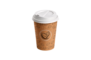 A to-go coffee cup with a leaf logo and stylized coffee bean graphics. White lid snapped on top, ready for sipping on the move, isolated on a transparent background