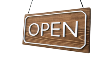 A wooden OPEN sign with visible natural grain and bold white lettering framed in a rounded rectangle. It hangs by two black cords, rustic charm, isolated on a transparent background