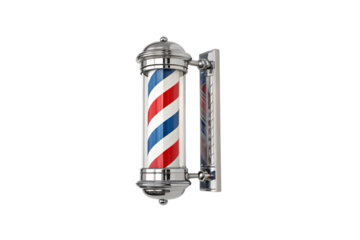 An elegant barber pole with a domed top, bold red, blue, and white spirals. Mounted on a shiny wall bracket, it evokes nostalgic professionalism, isolated on a transparent background