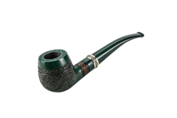 An elegant green smoking pipe with detailed carvings, dark inlay, and a shiny silver band. The finish is polished and refined, perfect for display, isolated on a transparent background