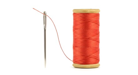 Threading Needle with Orange Thread Spool on White Background Sewing Concept