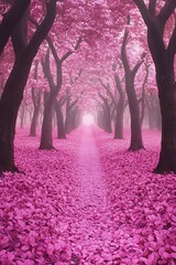 A pathway through a beautiful tunnel of pink blossoming trees