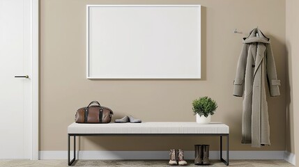 A white rectangular frame in a hallway, placed above a bench with a coat, shoes, and a small plant beside it.  HD 8K mockup wallpaper Photographic Image