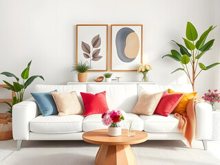 Cozy Living Room Interior Design White Sofa, Colorful Pillows, Plants, Artwork, Coffee Table, and Decorative Elements.