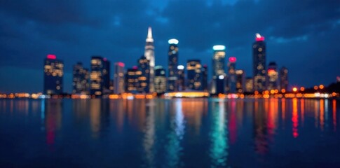 Obraz premium cityscape at night with twinkling lights and abstract circular bokeh on blue background, night, abstract, blue