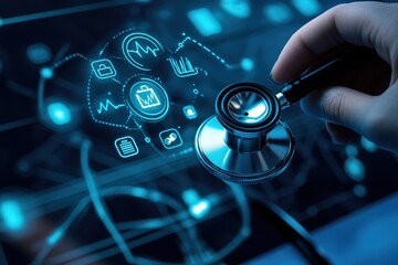 Futuristic Healthcare Unveiled: Stethoscope Meets Digital Icons in High - Res Shot