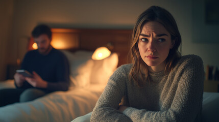 Concerned Woman and Distracted Man in Bedroom Setting Creating Tense Mood Image made using Generative AI