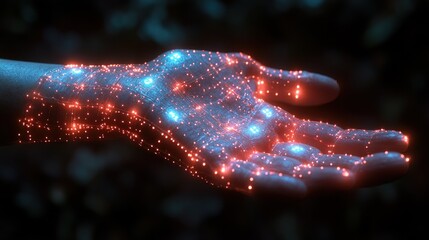 Glowing particle hand reaching out in dark digital space