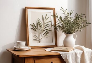 Serene Home Decor Still Life with Olive Branch and Coffee Cup