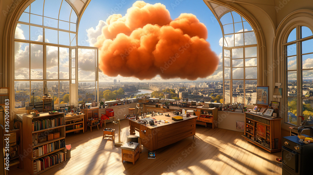 Poster a dreamlike artist's studio featuring a massive colorful cloud hanging from the ceiling creating a u