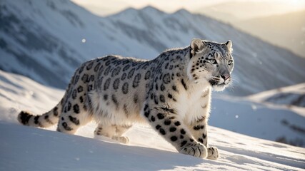 Obraz premium Snow Leopard Strolling on Snowy Mountain with Mountains in Background