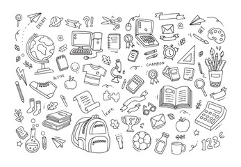 Hand drawn of school elements. Doodle of back to school sketch