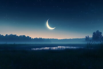 A crescent moon hanging low over a peaceful meadow, symbolizing the gentle balance between light and dark