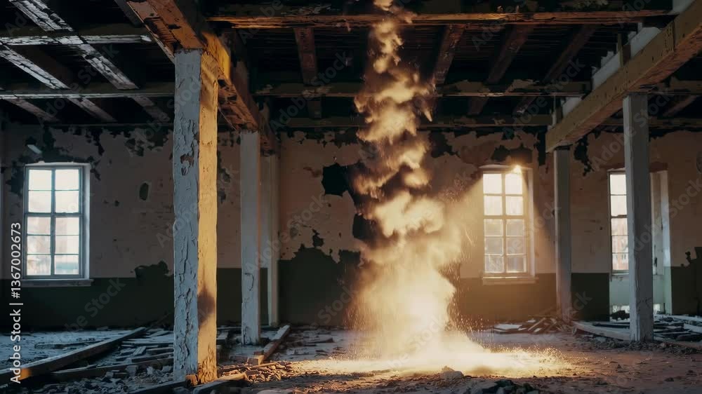 Poster sunlit dust particles create ethereal vortex in abandoned building interior