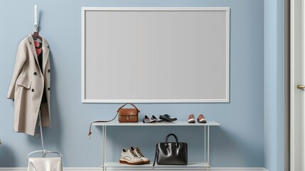 A white rectangular frame in a hallway, placed above a table with shoes, a handbag, and a casual jacket hanging  HD 8K mockup wallpaper Photographic Image