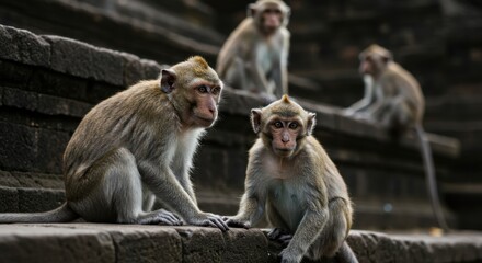 Naklejka premium Monkeys Sitting on Stone Steps at Temple