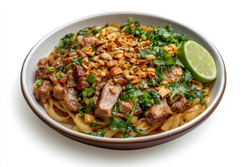 a bowl of noodles with meat and vegetables