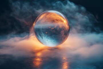 A crystal ball resting on a table surrounded by swirling mist, symbolizing insight and mystery