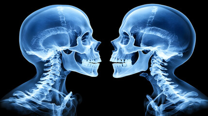 Photo Two Skull Profiles Blue X Ray Anatomy Isolated On Black Background