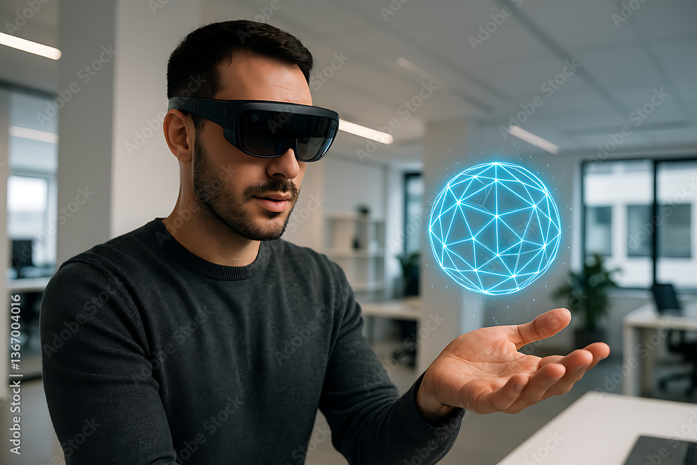 Poster man using augmented reality headset interacting with floating holographic sphere in modern office sh