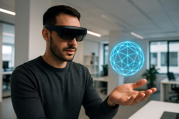 Man using augmented reality headset interacting with floating holographic sphere in modern office showcasing immersive AR technology and futuristic digital interface experience