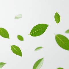 Floating Green Leaves Isolated on White Background