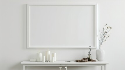 Fototapeta premium A white rectangular frame in a hallway with a minimalist table underneath, displaying candles, keys, and a small vase. HD 8K mockup wallpaper Photographic Image