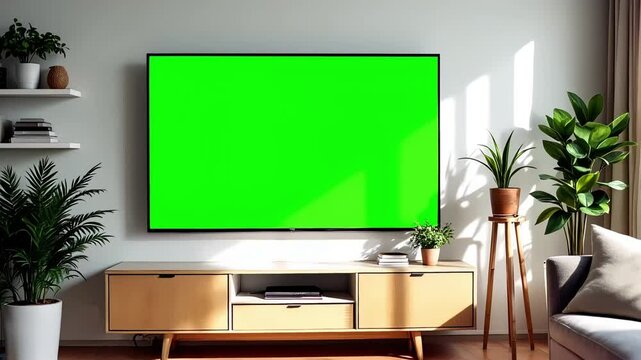 Modern living room interior with green screen TV display
