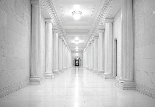 Grand, white colonnaded hallway.  Elegant, spacious corridor with classical architecture