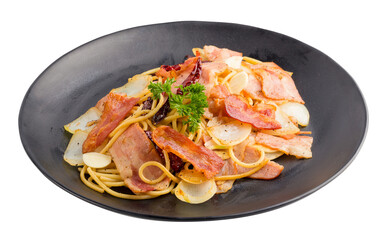 Spicy Spaghetti bacon - Spaghetti with bacon, basil, garlic isolated on a transparent background