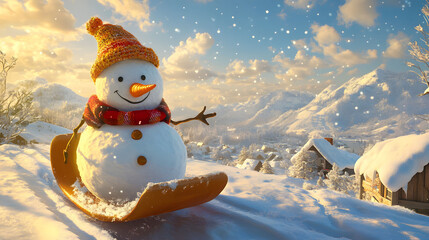 Obraz premium Joyful Snowman Sledding in a Snowy Mountain Village