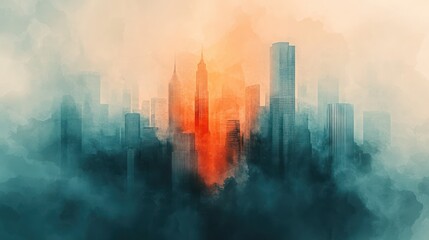 Obraz premium Cityscape in the Mist: An Enigmatic Urban Watercolor