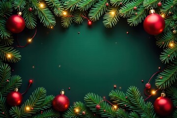 Fototapeta premium Dense green Christmas tree branches with scattered multicolored ornaments and twinkling string lights, Twinkling Lights, Indoor Decorating, Blurred
