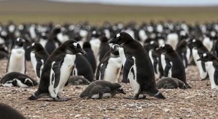 Naklejka premium Penguin Parents with Chick in Colony