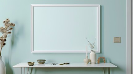 A white rectangular frame in a hallway with a table underneath, holding keys, a small vase, and a decorative bowl.  HD 8K mockup wallpaper Photographic Image