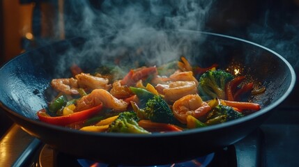 Cooking Shrimp and Vegetables in a Wok Pan with Steam and Vibrant Colors
