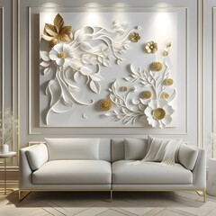 Crisp White Ceramic and Gold Leaf 3D Nature Motif: A stunning 3D nature-inspired wall art using white ceramic for smooth texture and delicate gold leaf accents, evoking a sense of tranquility and luxu