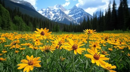 Fototapeta premium Vibrant Yellow Arnica Flower Field Against Snow-Capped Mountains and Lush Forest - Breathtaking Nature Landscape Photography