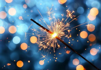 Vibrant Sparkler Fizzling with Dazzling Sparks and Colorful Bokeh Lights