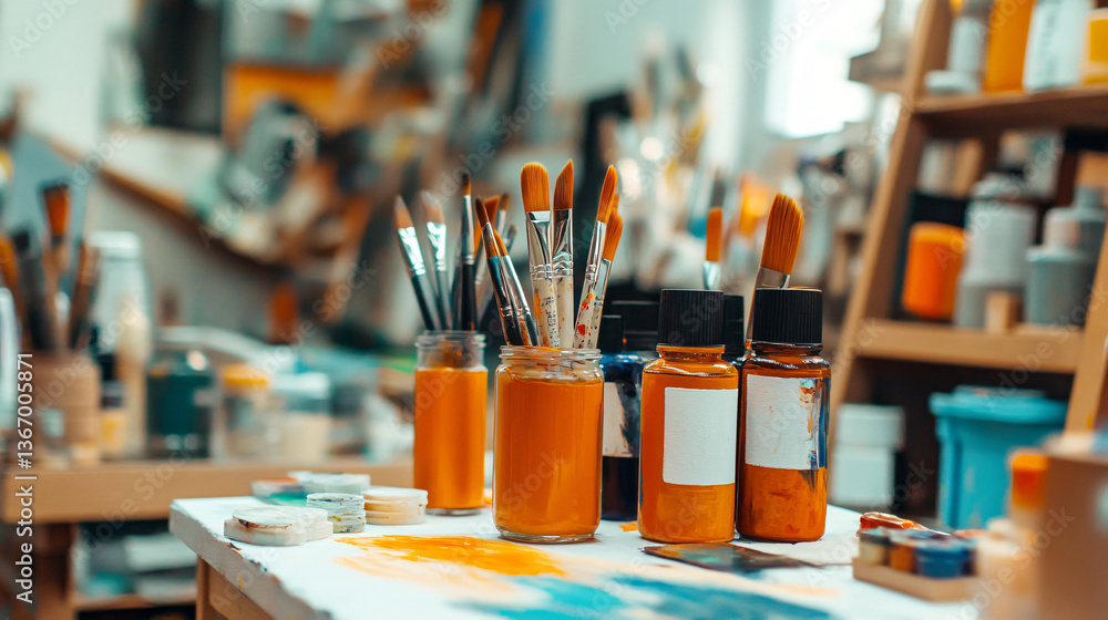 Poster a table full of paint brushes and paint bottles in a brightly lit art studio capturing the essence o