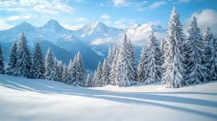 Fototapeta premium Stunning Winter Wonderland Snow-Covered Spruce Trees in Majestic Mountain Range - High-Resolution Photography with Ample Copy Space