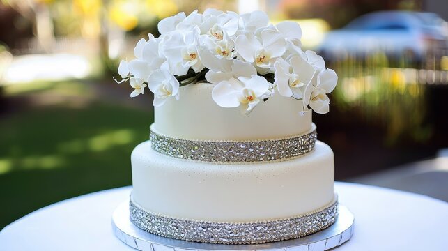 Stunning Two-Tier Wedding Cake Adorned with White Orchids and Silver Accents in a Charming Outdoor Setting - Stock Photo