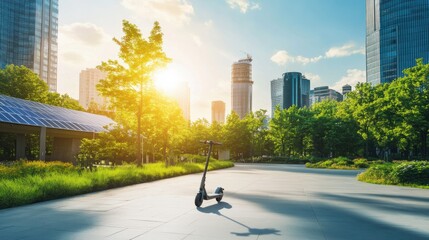 Electric scooter traveling through an eco friendly city with green infrastructure and renewable energy sources, sustainable urban park with solar panels and bike lanes, Eco-tech style